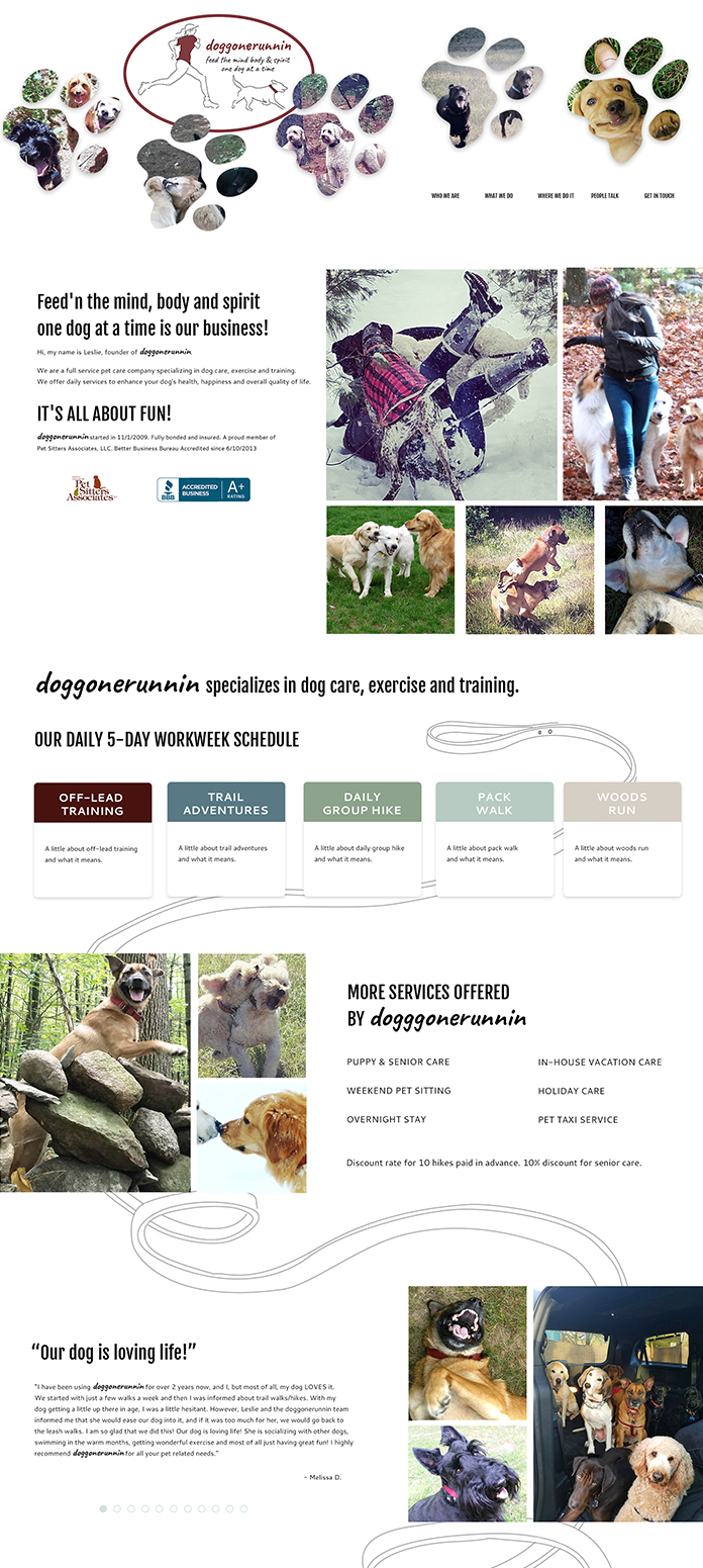 Clean website layout with modern fonts and playful pictures of dogs. Earthy color palette and illustration of leash whimsically running down the site layout behind elements.