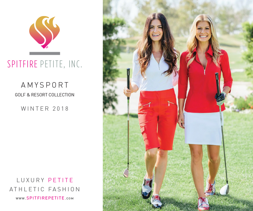 Cover of the lookbook design. Left hand column with logo, company name, collection, tag line, and url. Right hand column large image of two women on golf course.