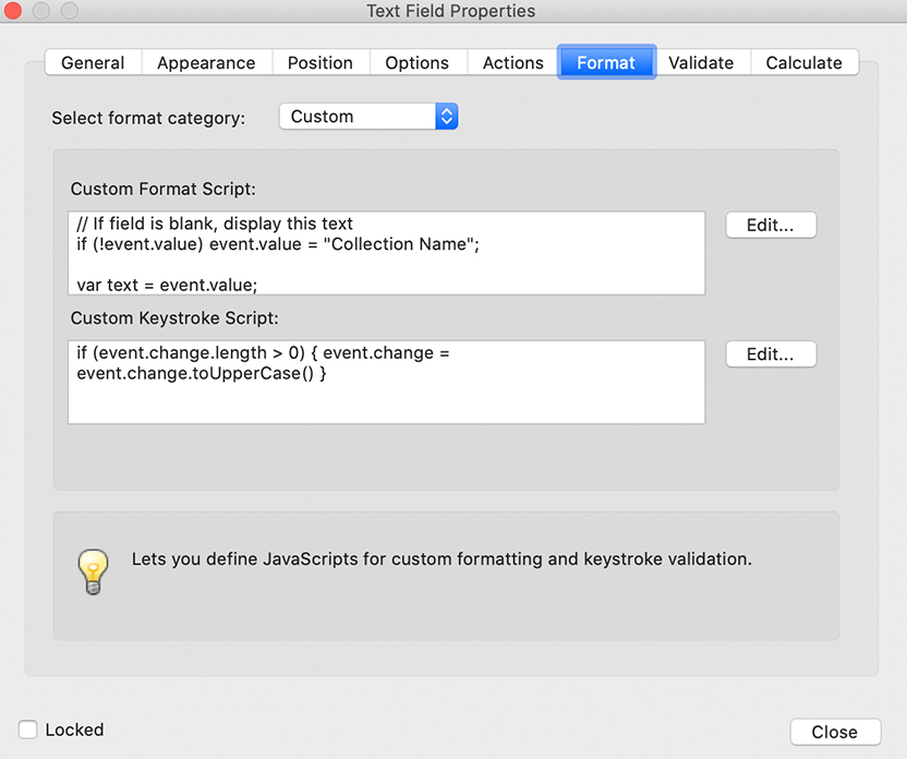 Data input window showing javascript code for pdf form